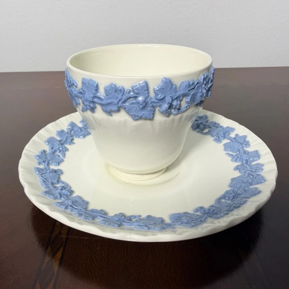 Vintage Wedgwood Queensware Blue Grapevine Tea Cup Saucer Grandmillennial Decor